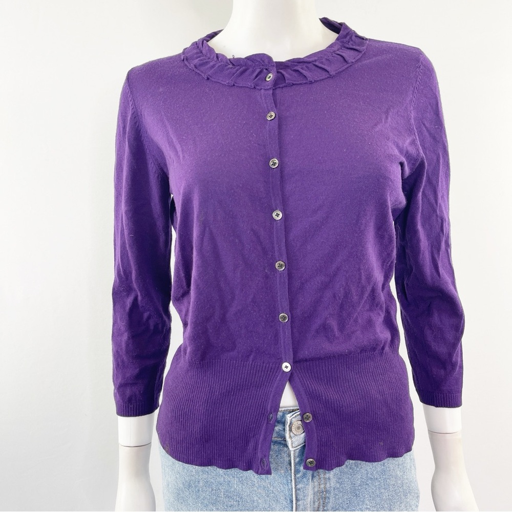 Elie Tahari Purple Cardigan Size S Button Up Casual Preppy 100% Merino Wool Knit